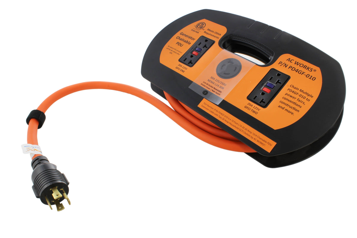 10ft 30 Amp 10/4 Chainable PDU Extension Cord with 20 Amp GFCI Outlets Y852515
