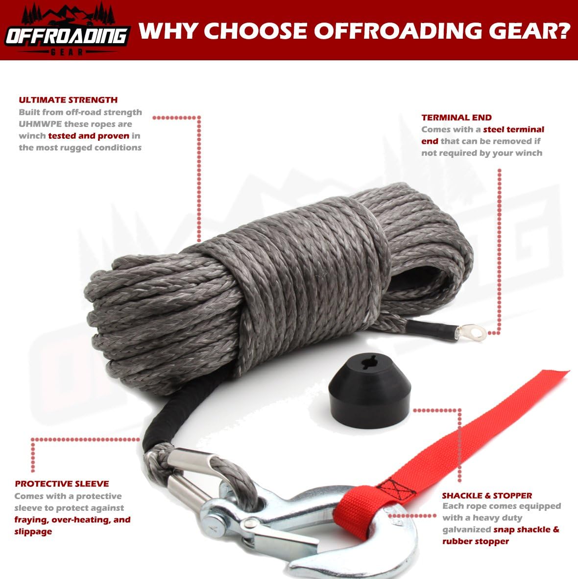 50'x1/4" Synthetic Winch Rope Kit with Snap Hook & Stopper F5199
