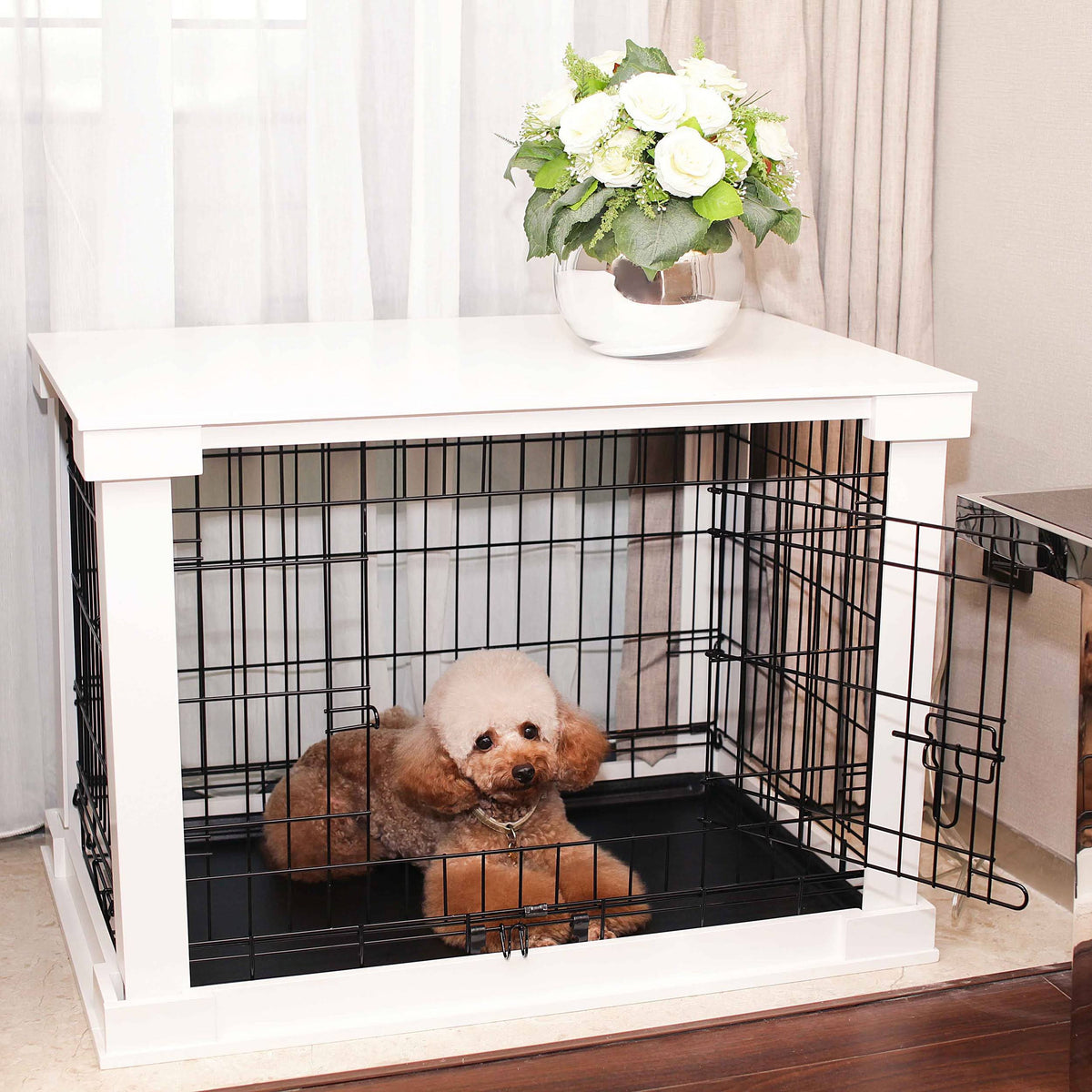 White Wooden Pet Kennel with Crate Cover Small C5683