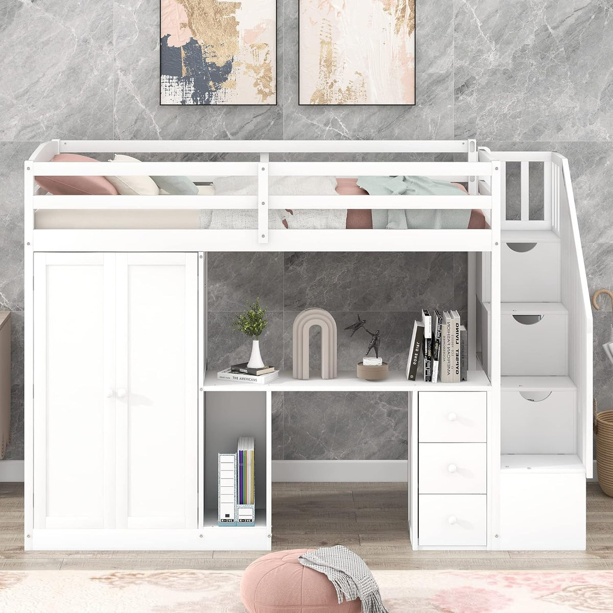 White Wooden Twin Loft Bed with Stairs and Desk L402