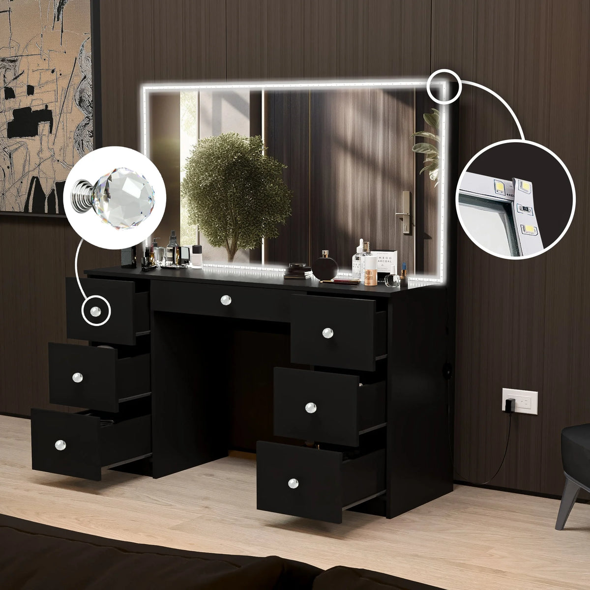 Black Modern Vanity Desk with LED Lights Y323