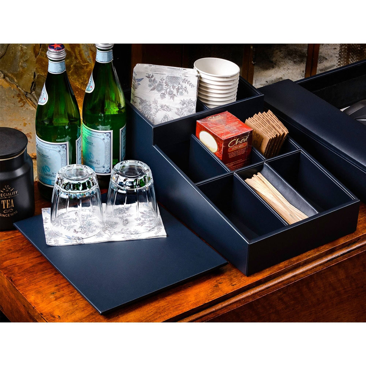 Navy Blue Leatherette Coffee Condiment Organizer O73578