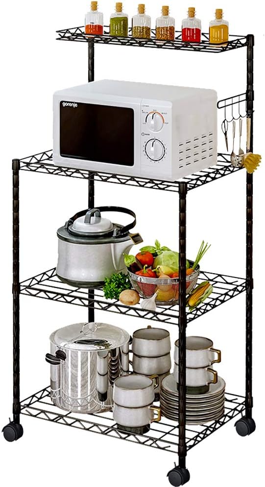 4-Tier Kitchen Baker’s Rack with Wire Mesh Shelves and Wheel Casters T202926