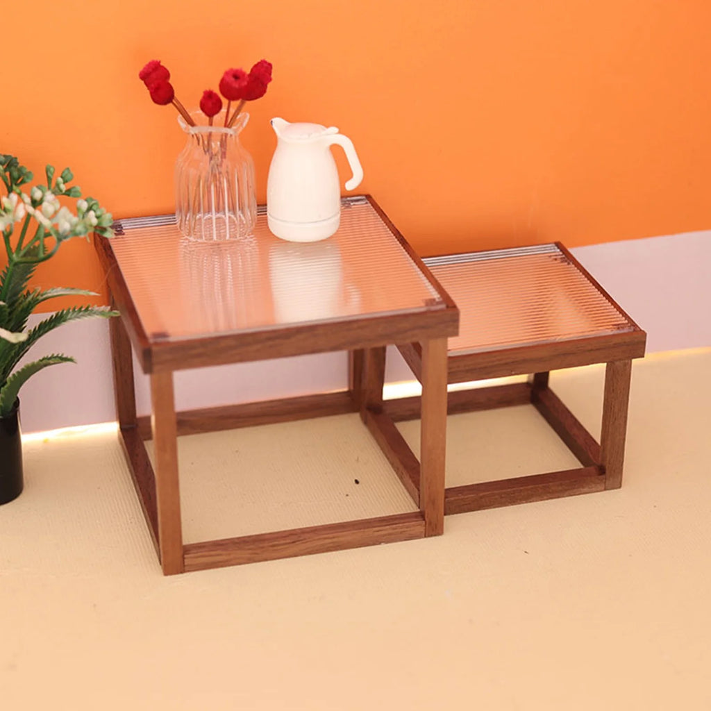 Mini Table Acrylic Black Walnut Wood for 1/12 Doll House H9997