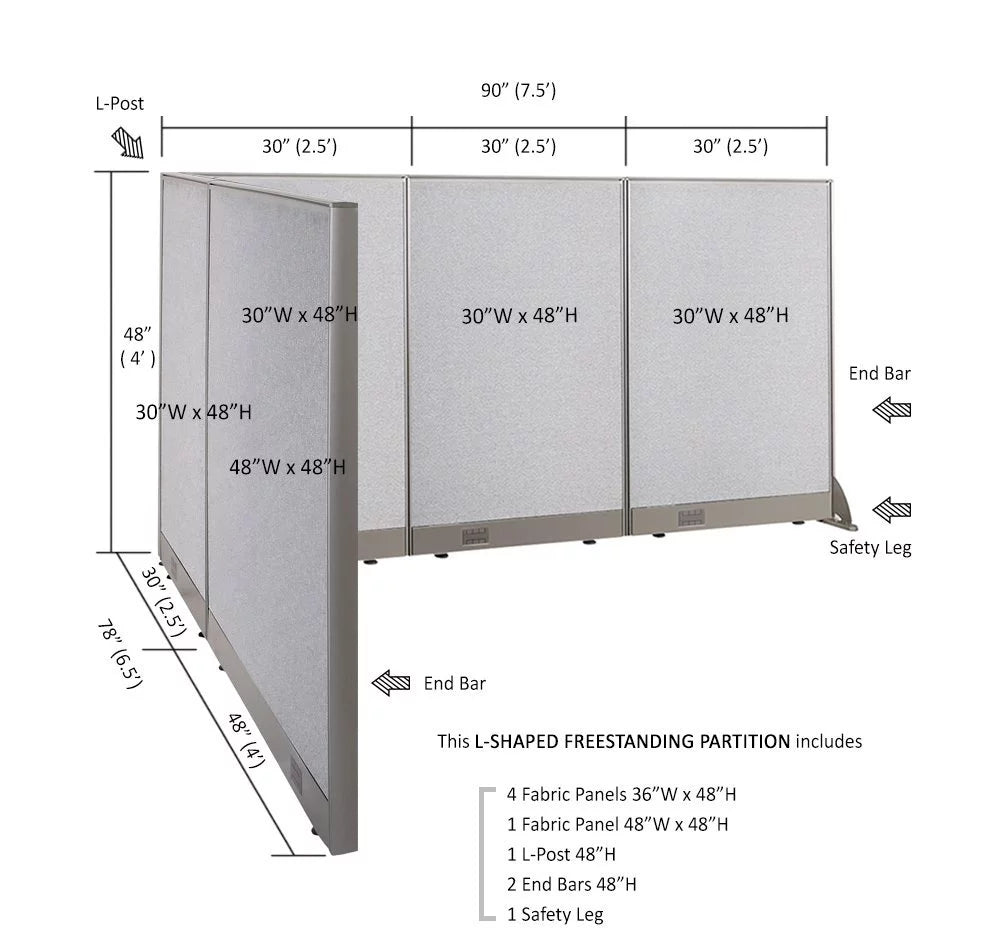 L-Shaped Freestanding Office Partition 78D x 90W x 48H B1521