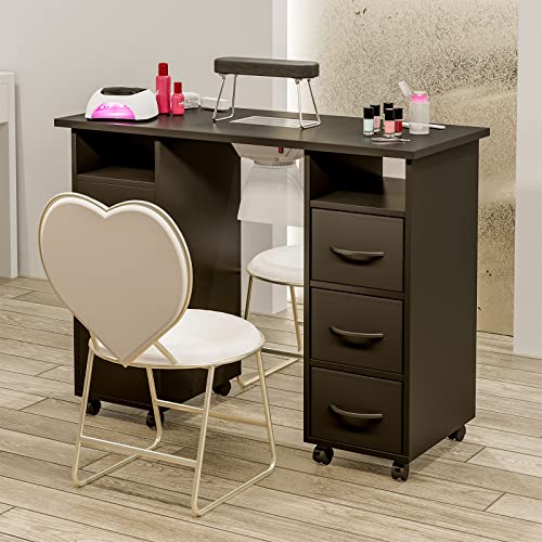 Black Manicure Table with Dust Collector, Wrist Cushion, Drawers, Lockable Wheels & Cabinet P93780