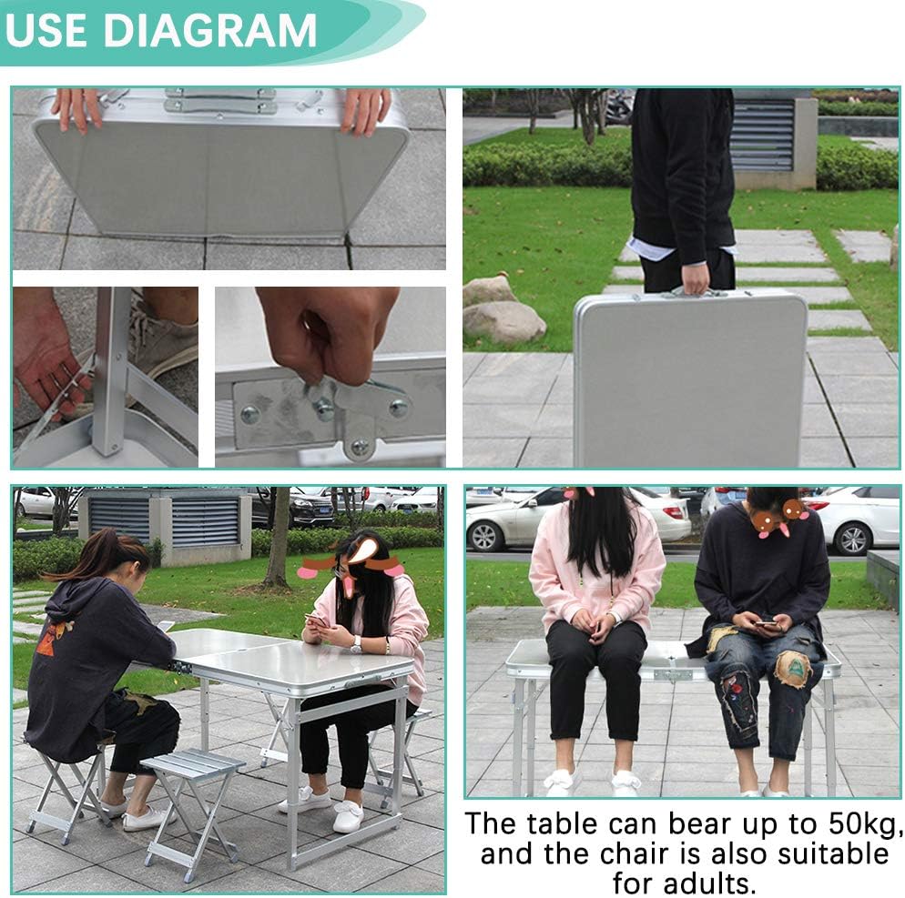 Folding Picnic Table with 4 Seats, Aluminium Alloy Portable Desk Bench T727