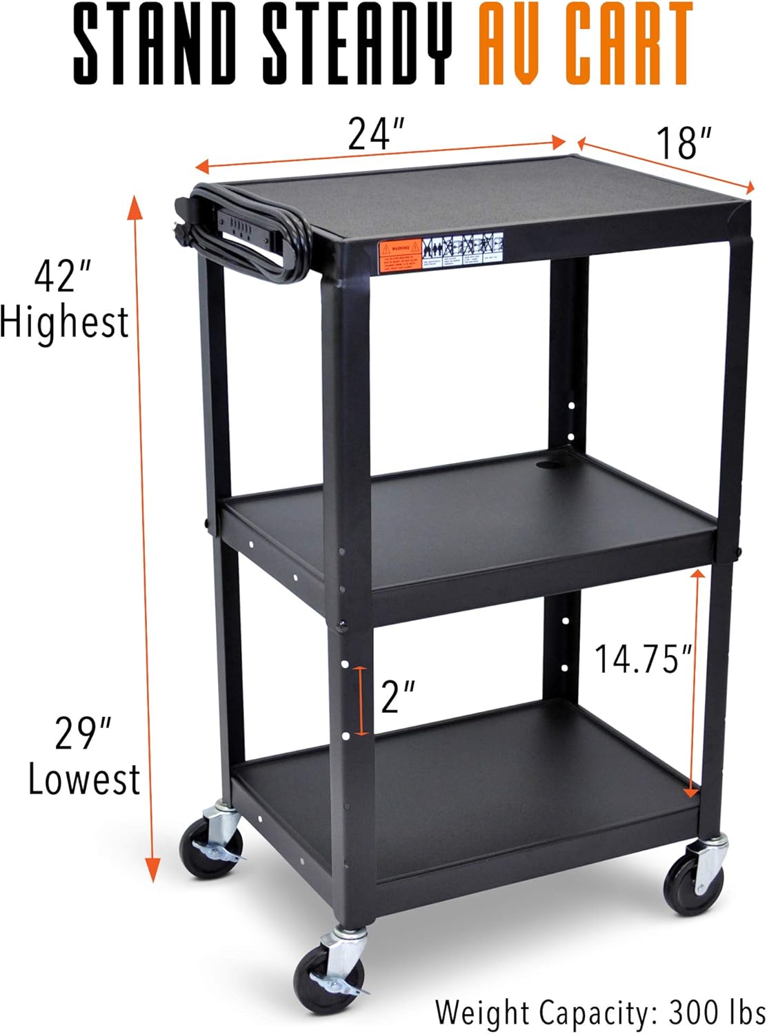 Height Adjustable AV Cart with Power Cord T3208