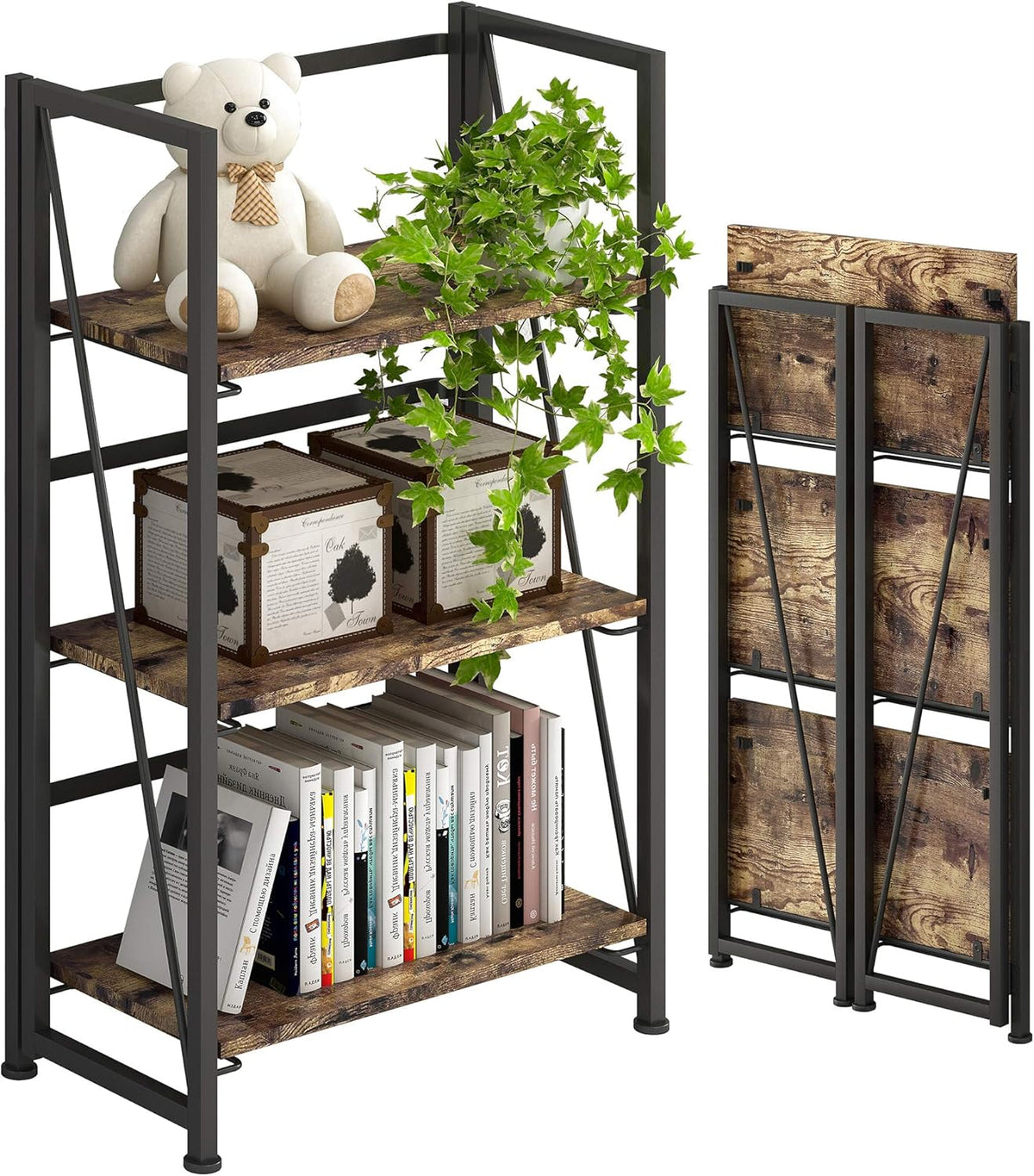 Folding Bookshelf Storage Shelves 5 Tiers with 2 Storage Drawers Brown and Black L4564