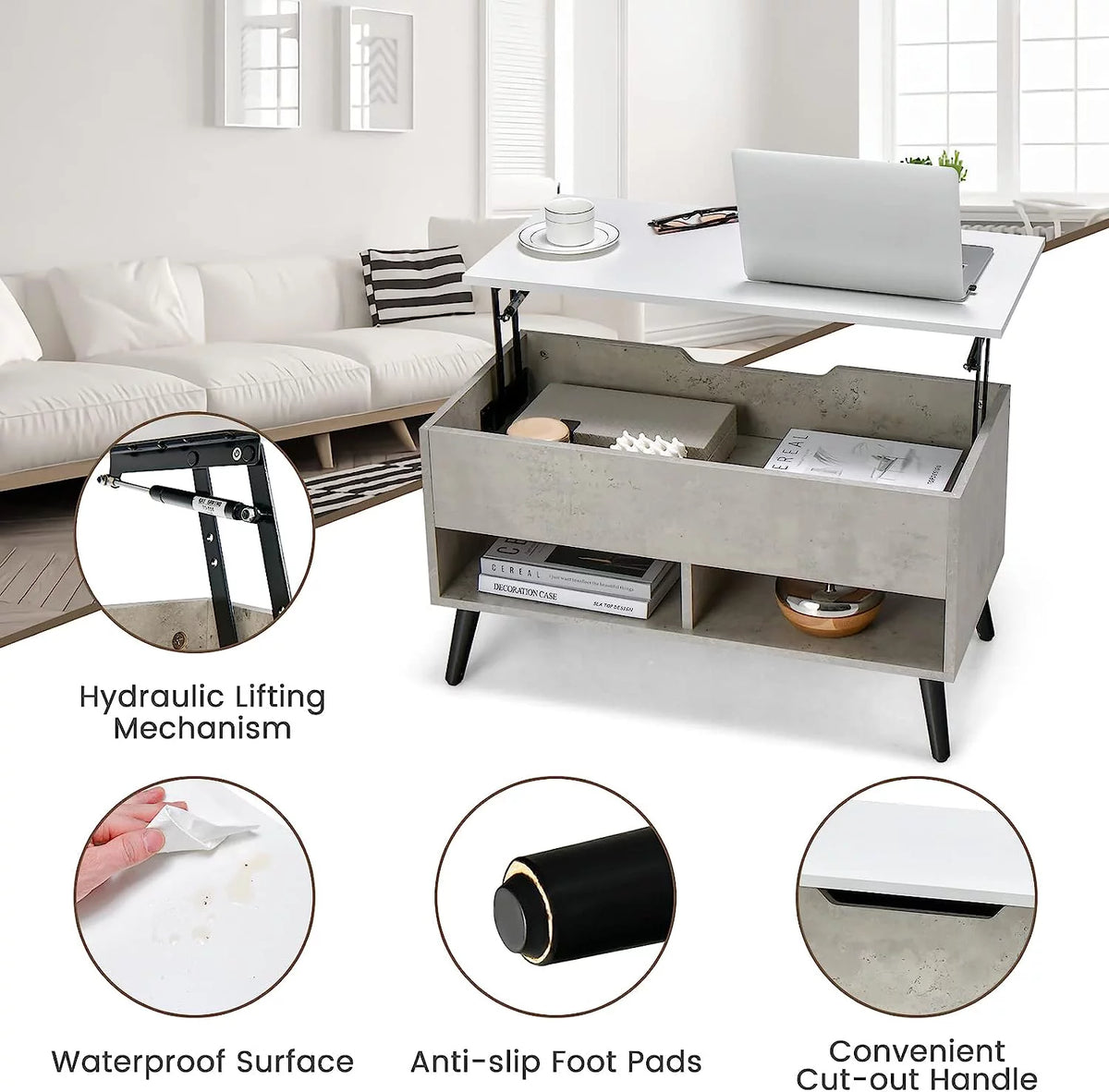 Lift Top Coffee Table with Hidden Compartment and 2 Open Shelves T964