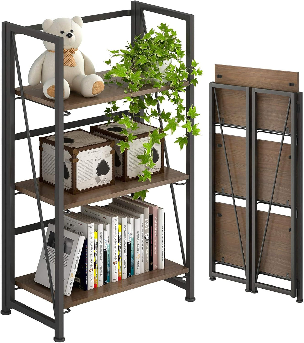 Folding Bookshelf Storage Shelves 5 Tiers with 2 Storage Drawers Brown and Black L4564