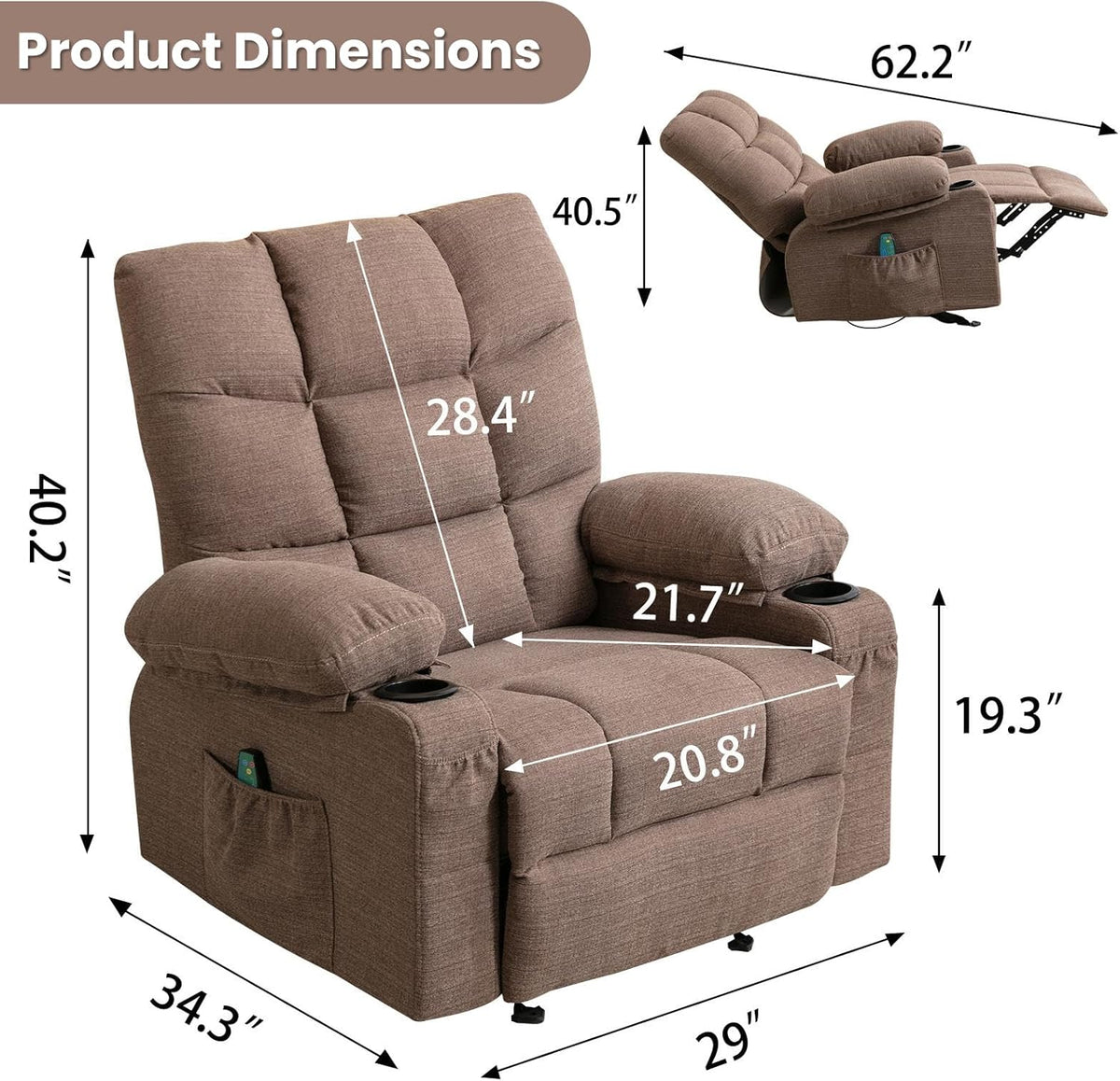 Brown Manual Fabric Recliner Chair with 8 Points Power Massage X3849