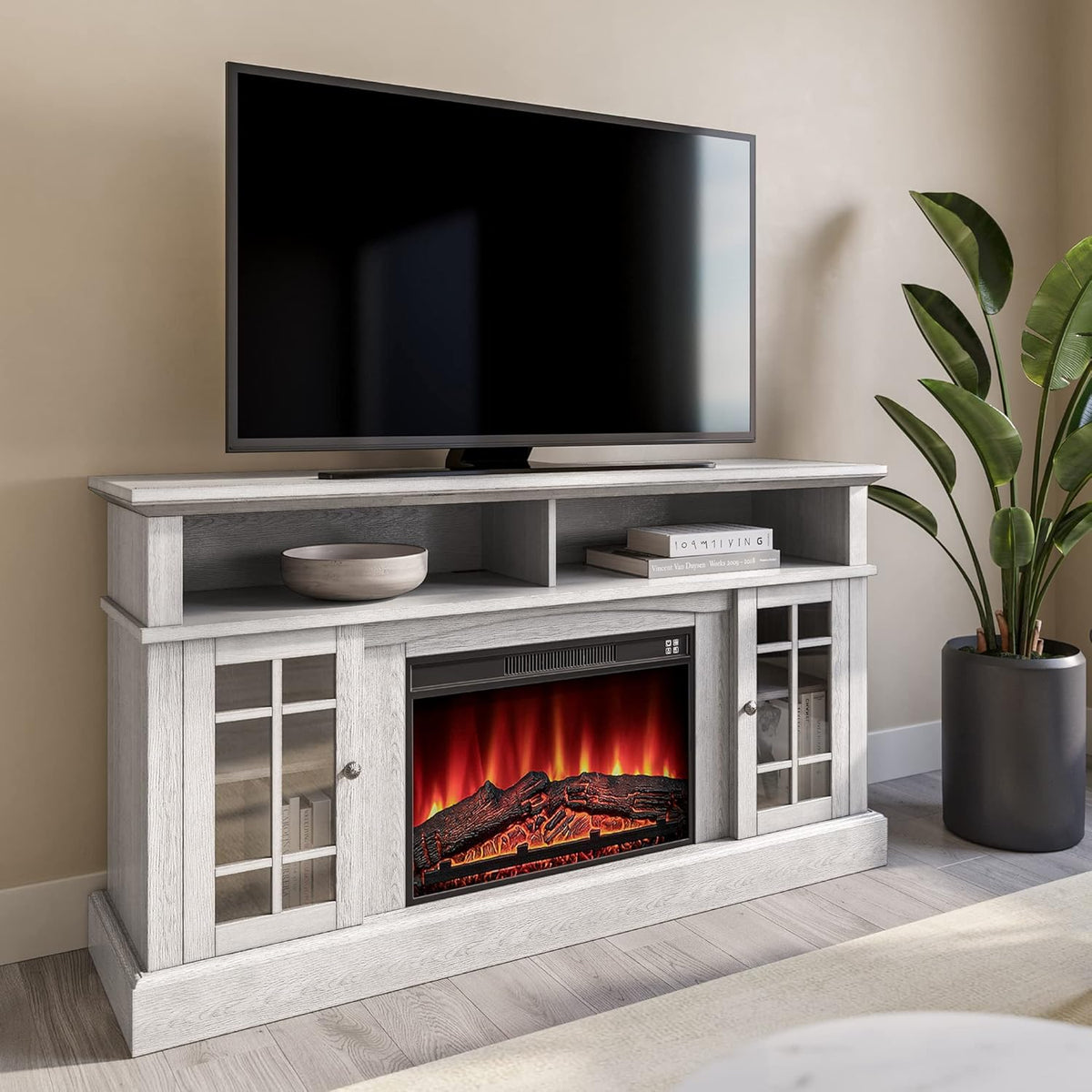 Light Gray Electric Fireplace TV Stand with Open Storage Shelves & Cabinets B8750