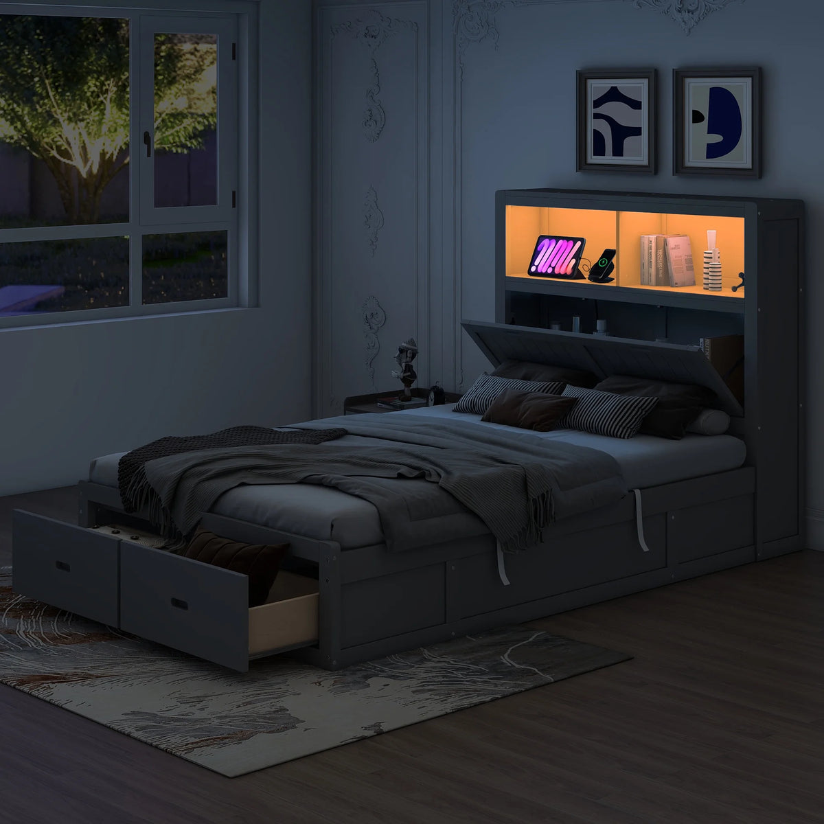 Gray Wood Full Size Platform Bed with Storage Headboard and Two Drawers C30610