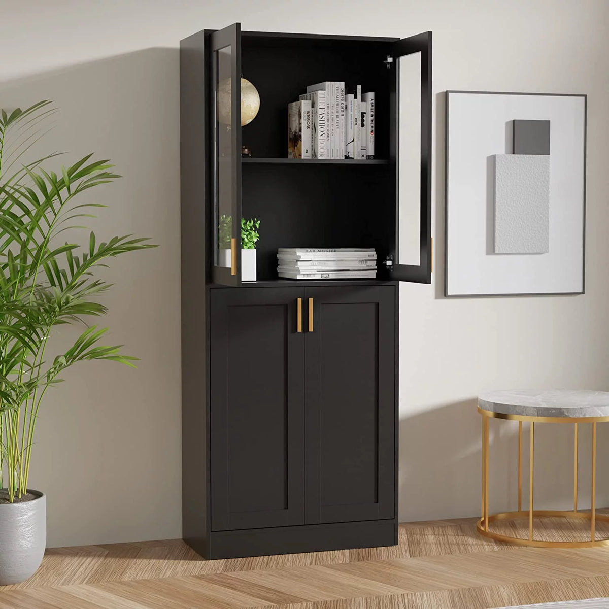 70" Tall Black Display Cabinet with Acrylic Glass Doors and Adjustable Shelves Y5437