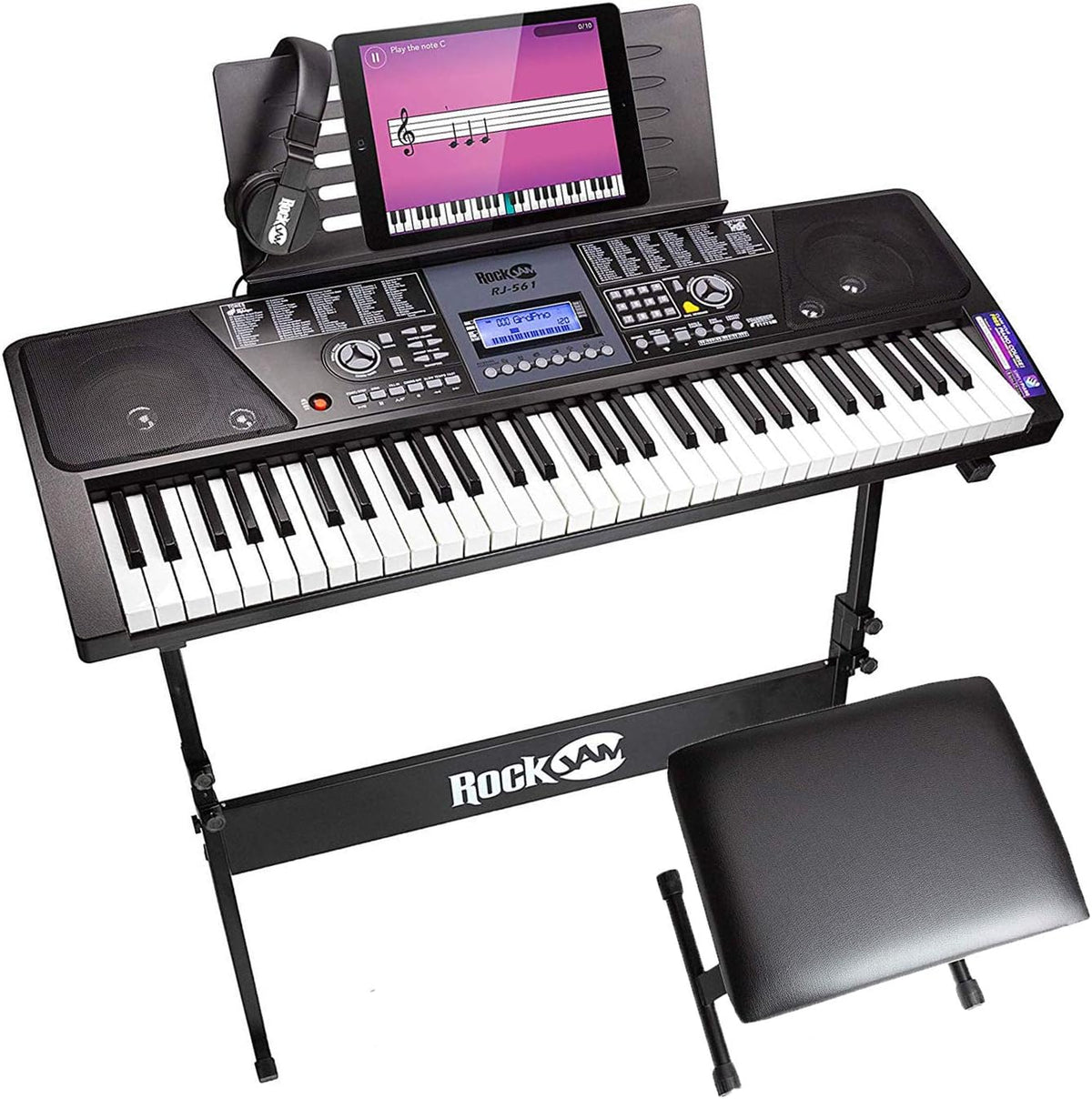 61 Key Keyboard Piano With LCD Display Kit, Keyboard Stand, Piano Bench, Headphones, Keynote Stickers W5514