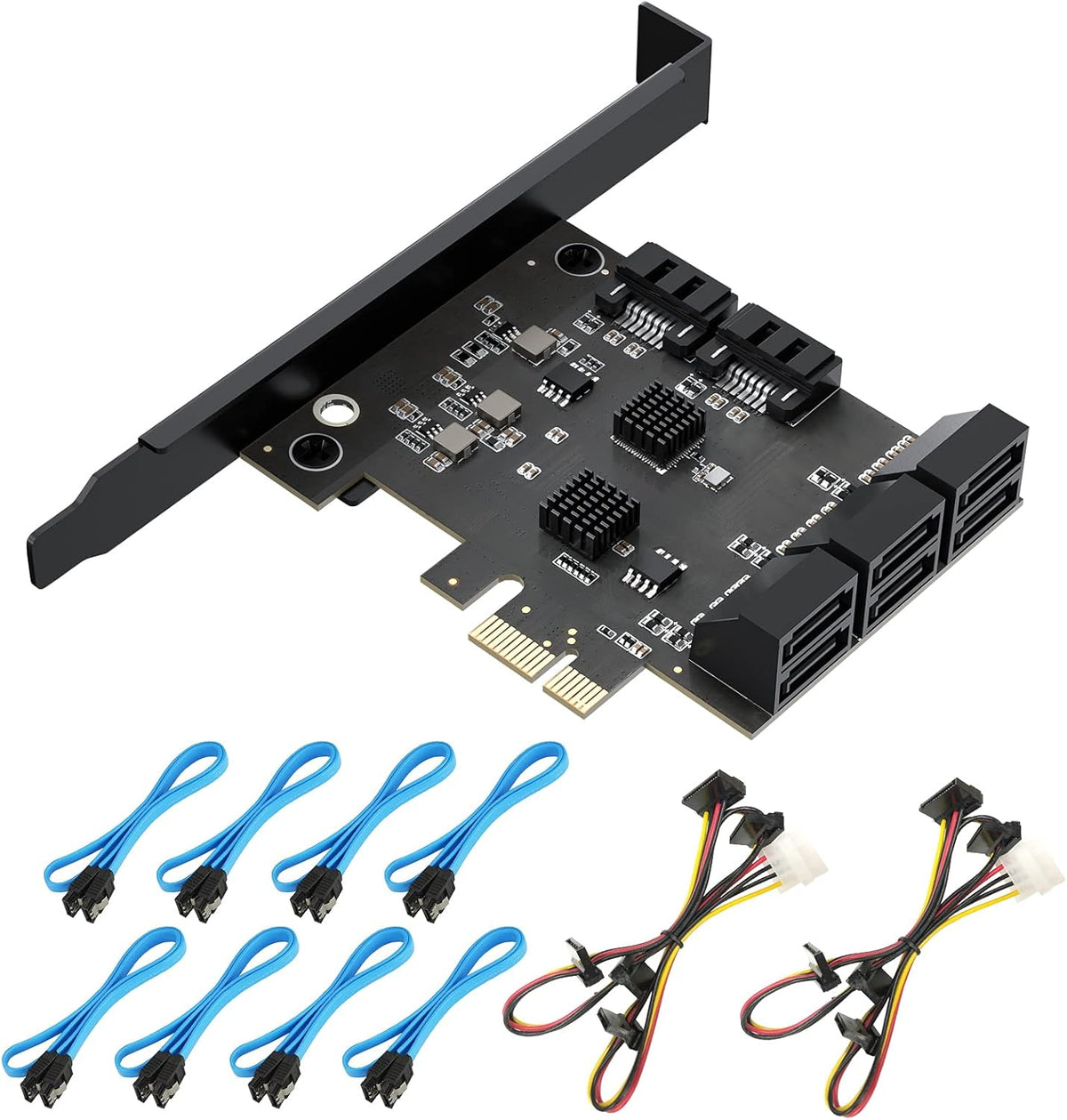 8 Port PCIe SATA 3.0 Controller Expansion Card with 8 SATA Cables and 2 Power Splitter Cables M162