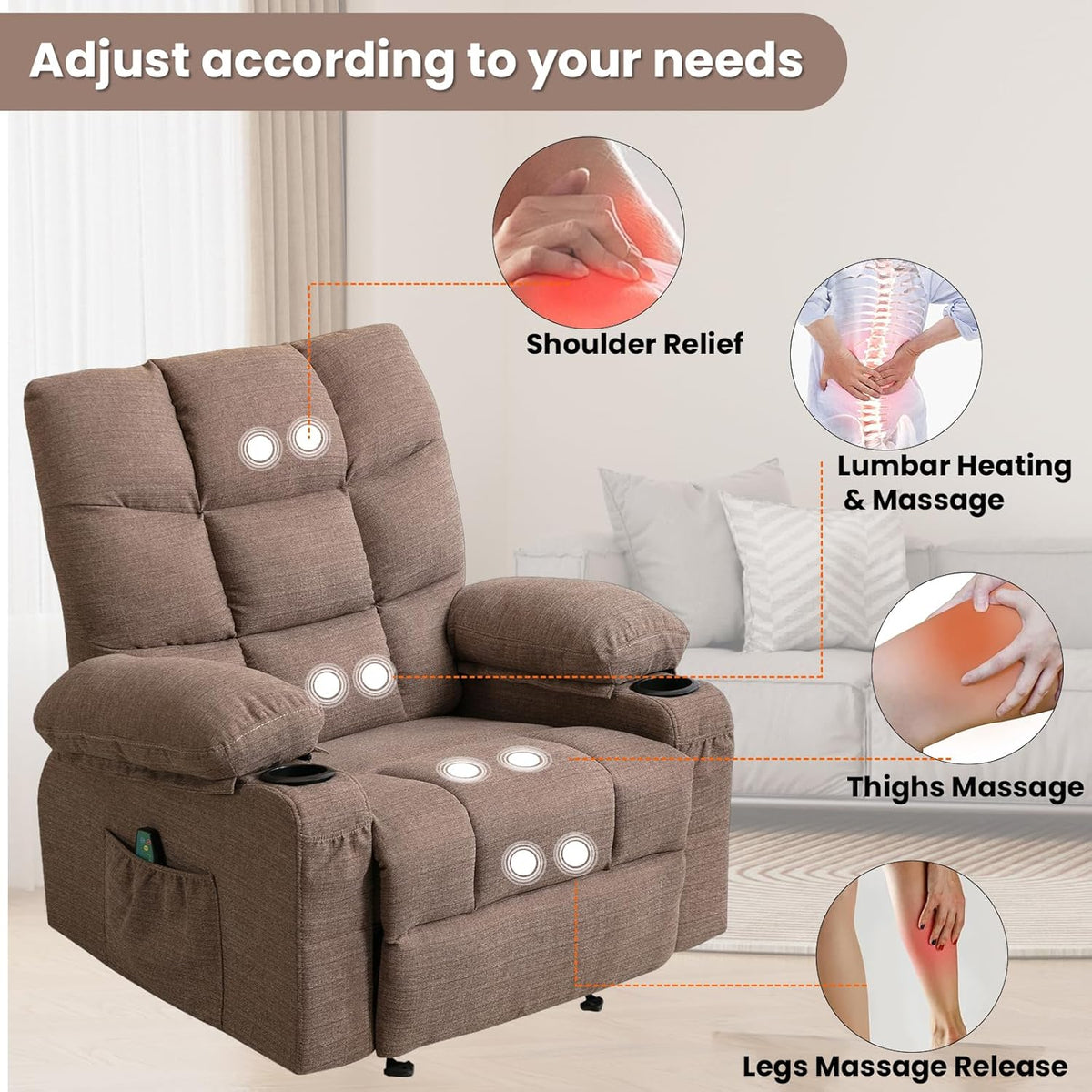 Brown Manual Fabric Recliner Chair with 8 Points Power Massage X3849