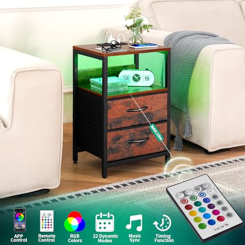 LED Night Stand with Fabric Drawers and Storage Shelf I216