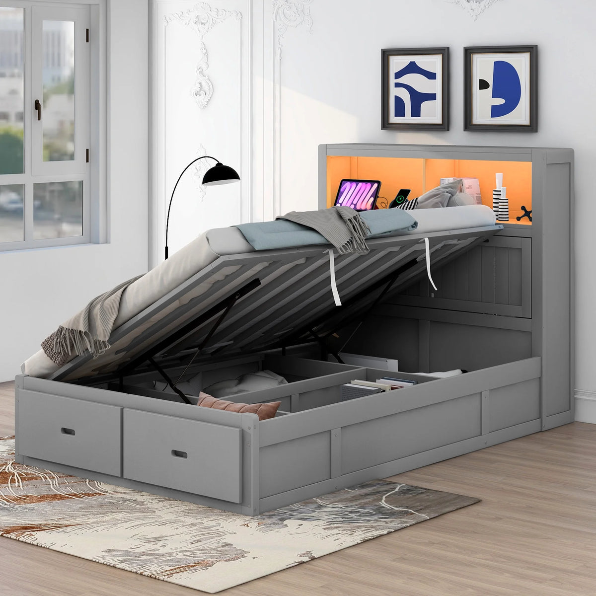 Gray Wood Full Size Platform Bed with Storage Headboard and Two Drawers C30610
