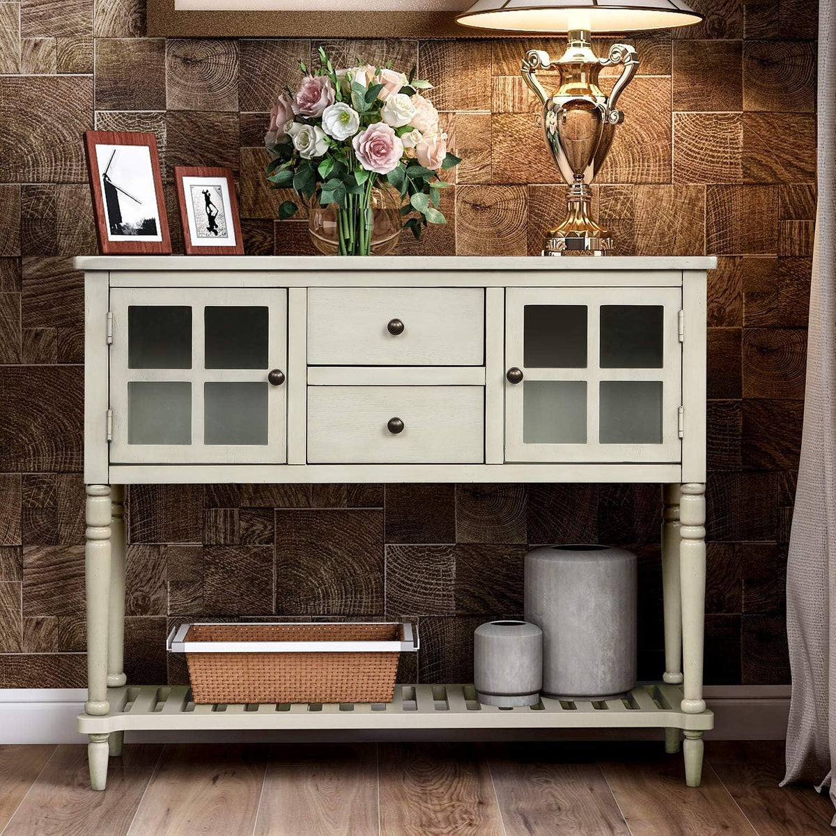 White and Brown 4 Drawers Storage Console Table with Cabinet and Shelf D871738