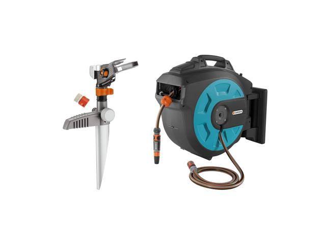 Pulsating Lawn Sprinkler Bundle with Swivel Garden Hose Reel Box Y61199
