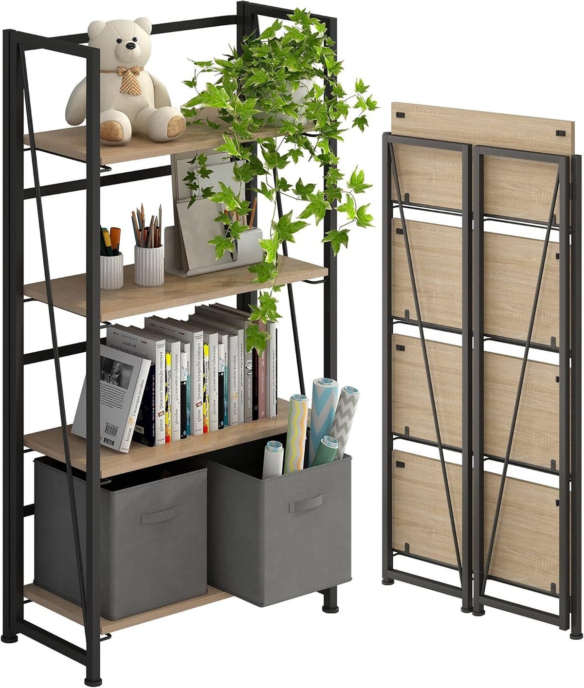 Folding Bookshelf Storage Shelves 5 Tiers with 2 Storage Drawers Brown and Black L4564