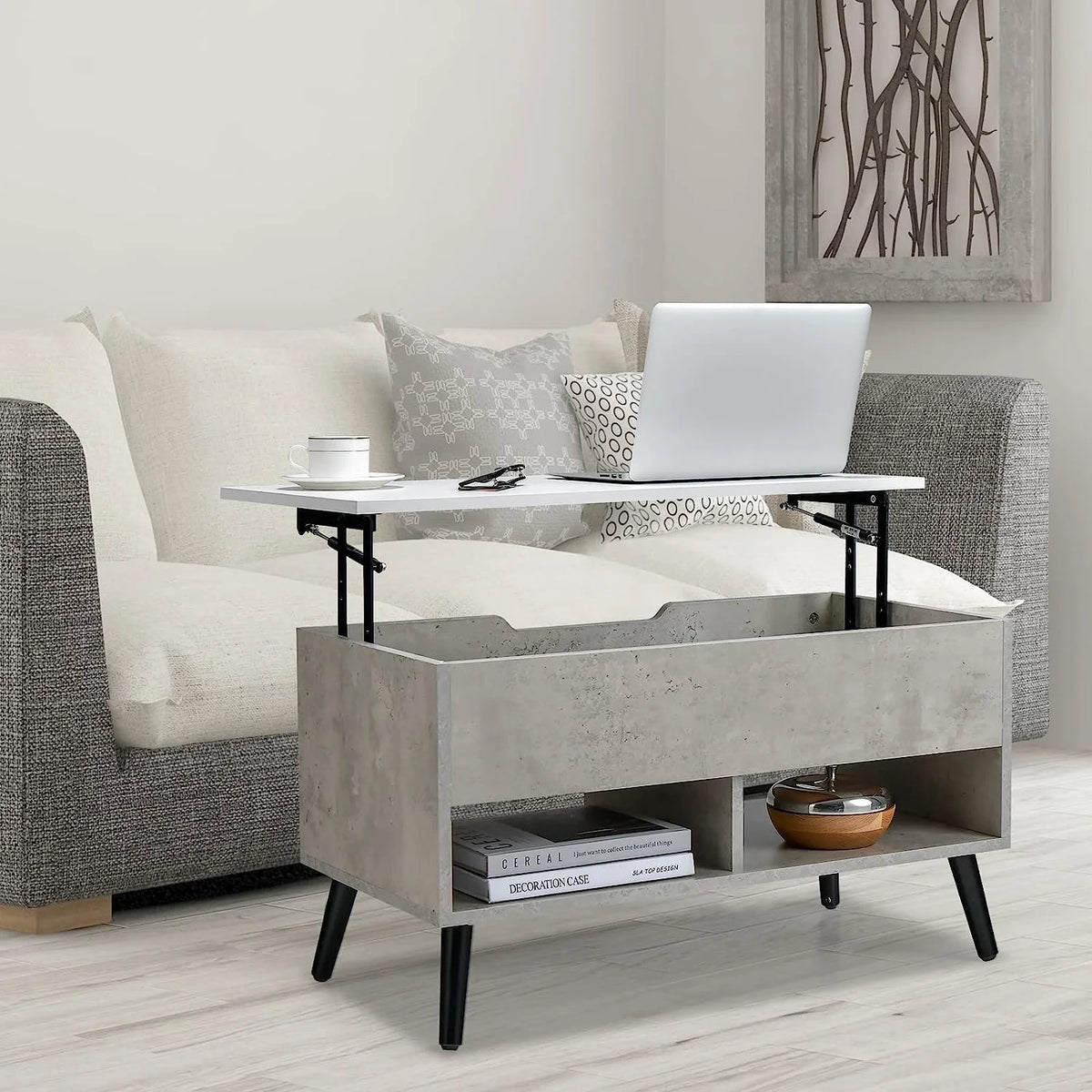Lift Top Coffee Table with Hidden Compartment and 2 Open Shelves T964
