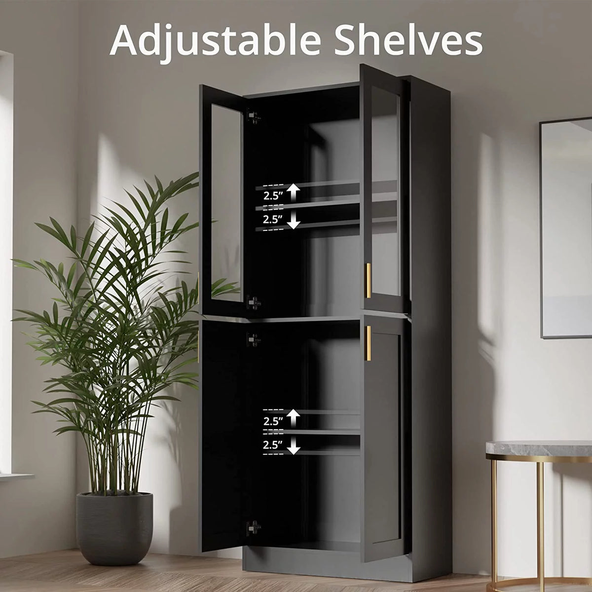 70" Tall Black Display Cabinet with Acrylic Glass Doors and Adjustable Shelves Y5437