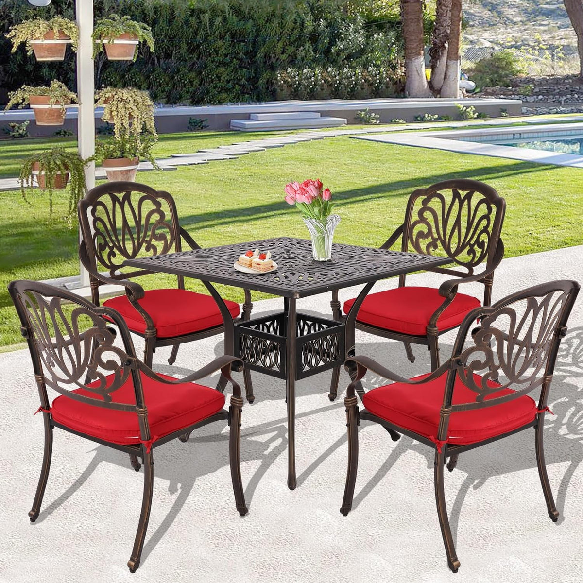 5 Piece Cast Aluminum Patio Dining Set with Red Cushion M211