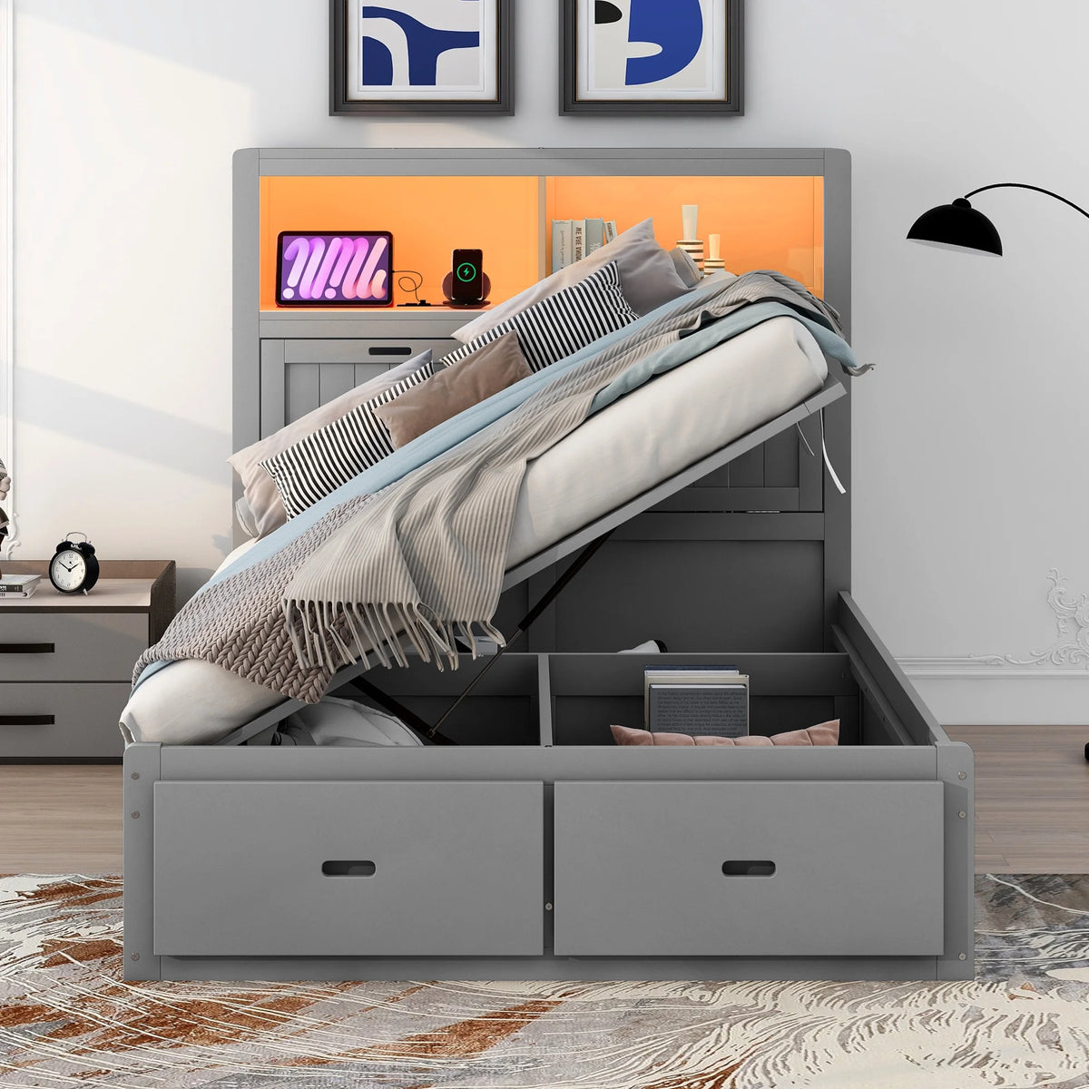 Gray Wood Full Size Platform Bed with Storage Headboard and Two Drawers C30610
