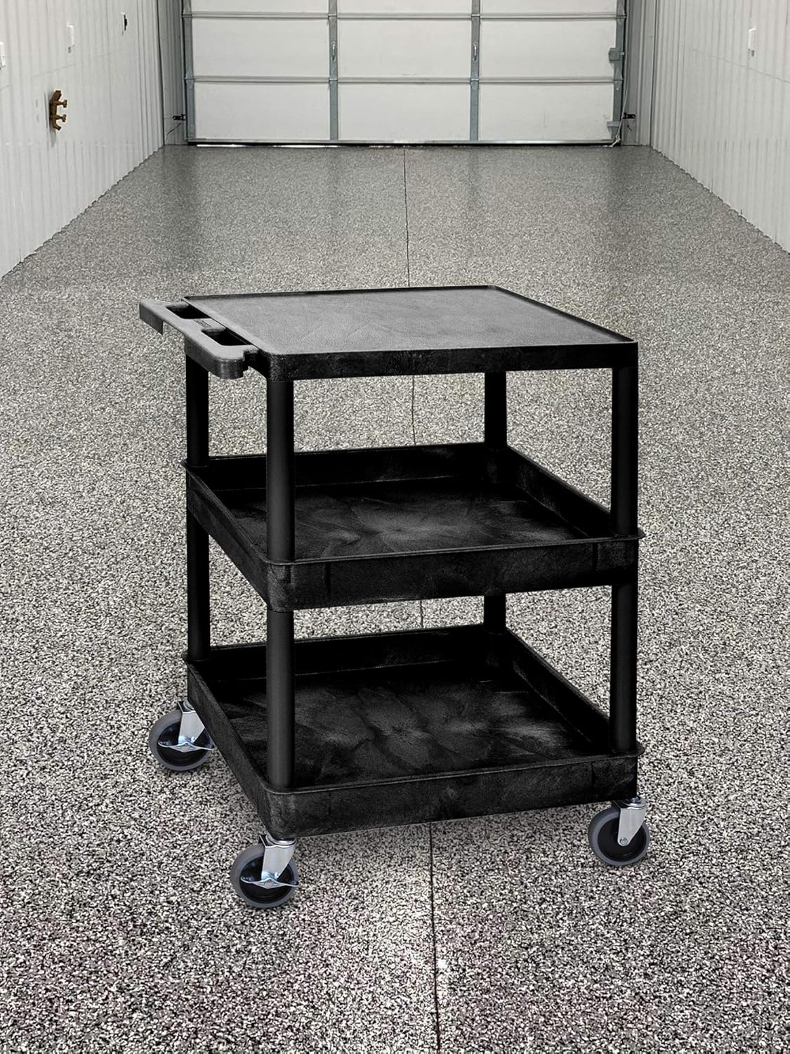 Black Mobile Multipurpose Utility Cart with Flat Top and Ergonomic Push Handle B26544