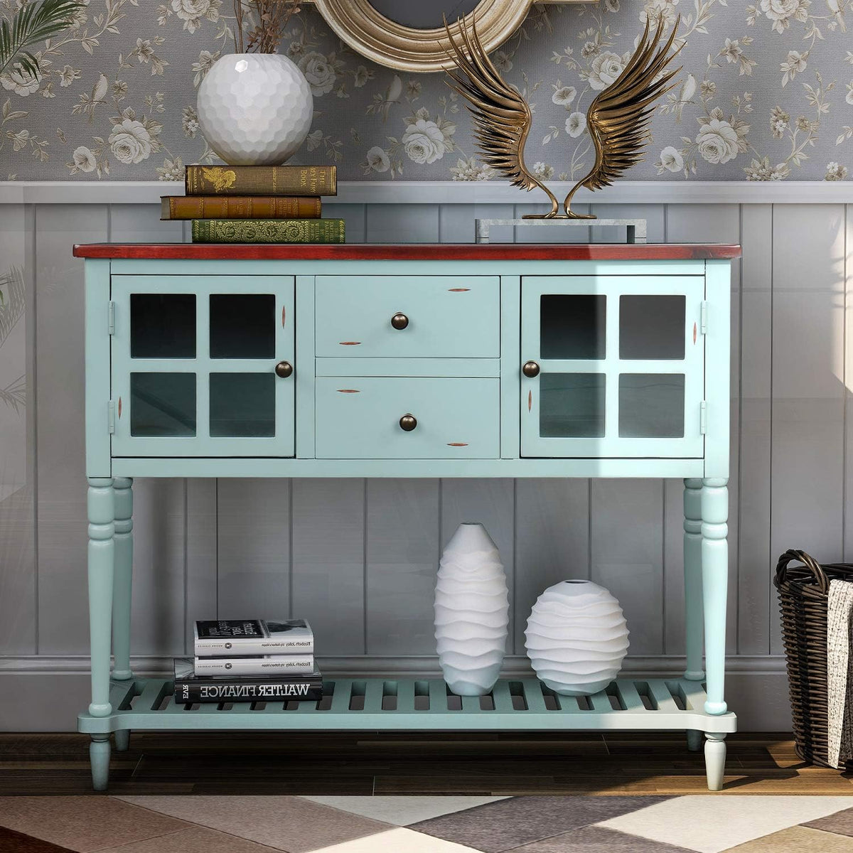 White and Brown 4 Drawers Storage Console Table with Cabinet and Shelf D871738