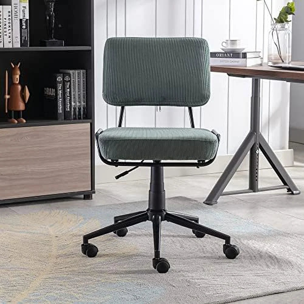 Corduroy Low Desk Chair Adjustable Height Armless Swivel Rolling Chair with Wheels White V95281