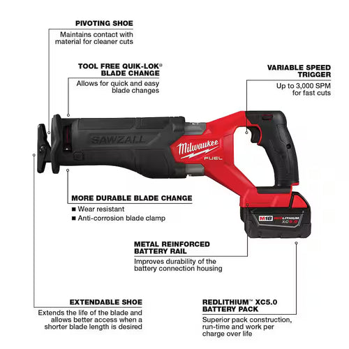 18V Cordless Brushless Reciprocating Saw Kit with Two 5.0 Ah Batteries Charger & Hard Case E46052
