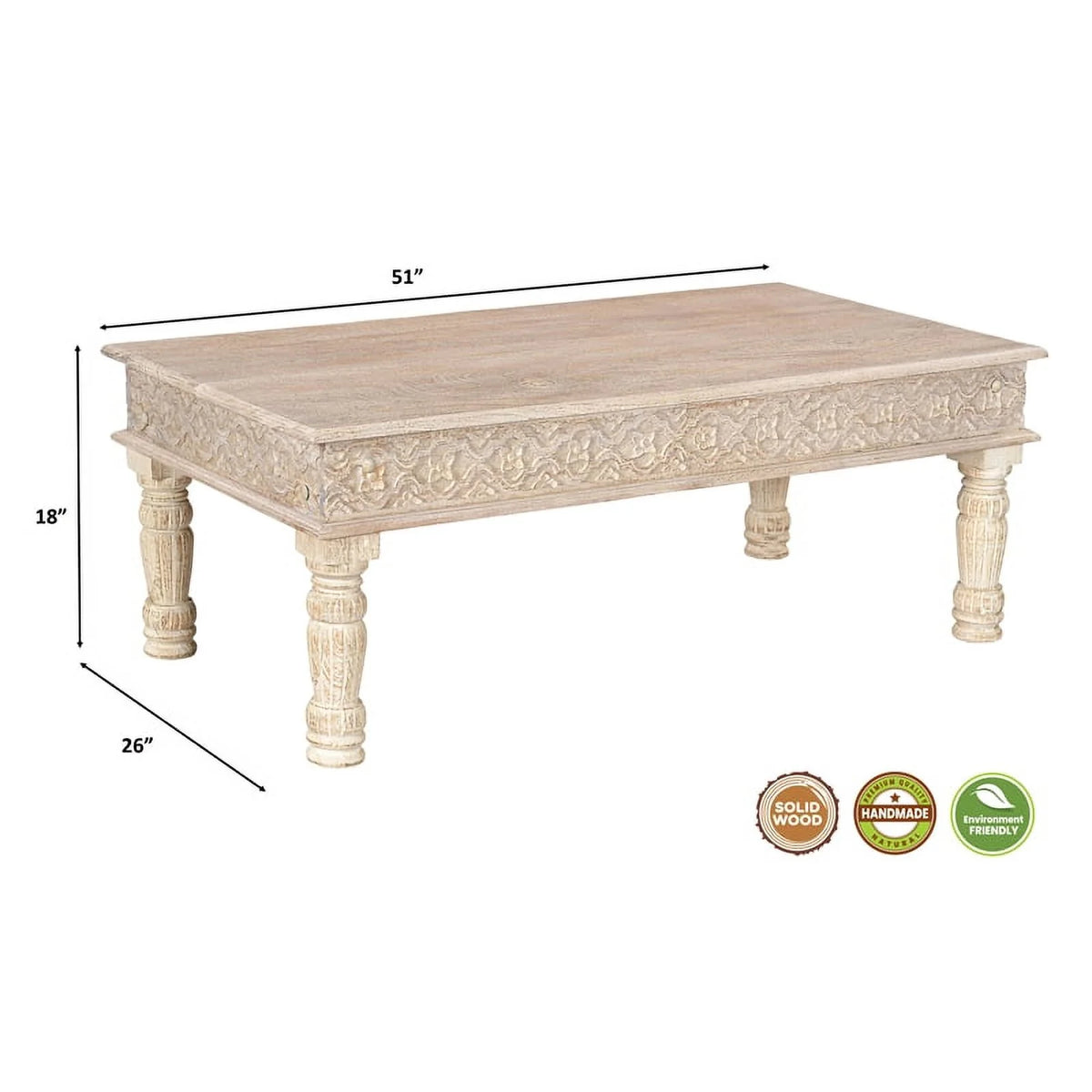 Carved Solid Wood Coffee Table in White A7388