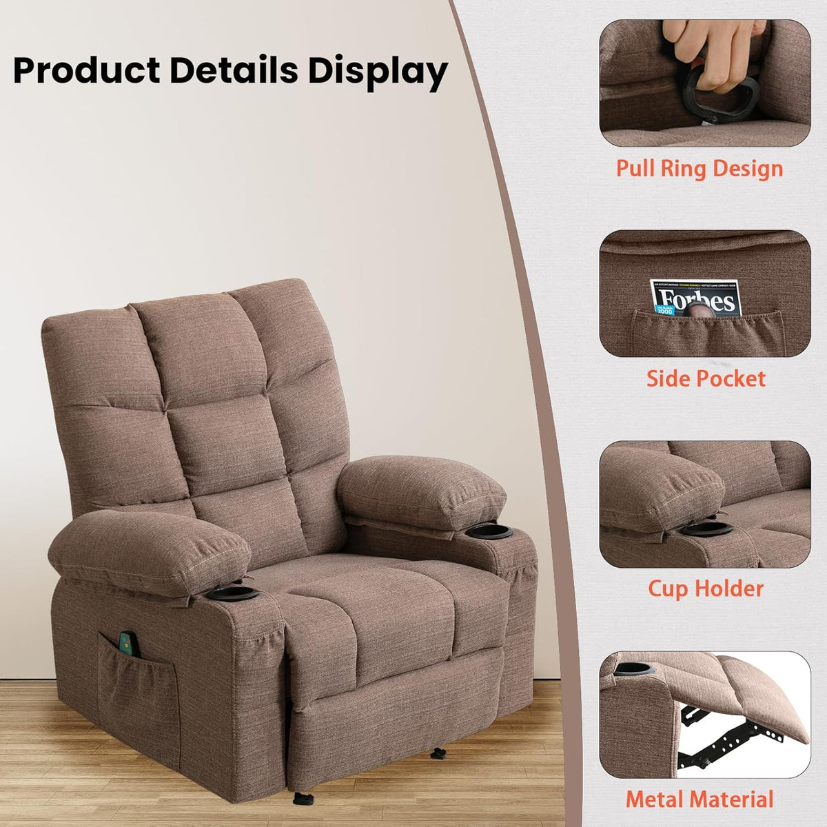 Brown Manual Fabric Recliner Chair with 8 Points Power Massage X3849