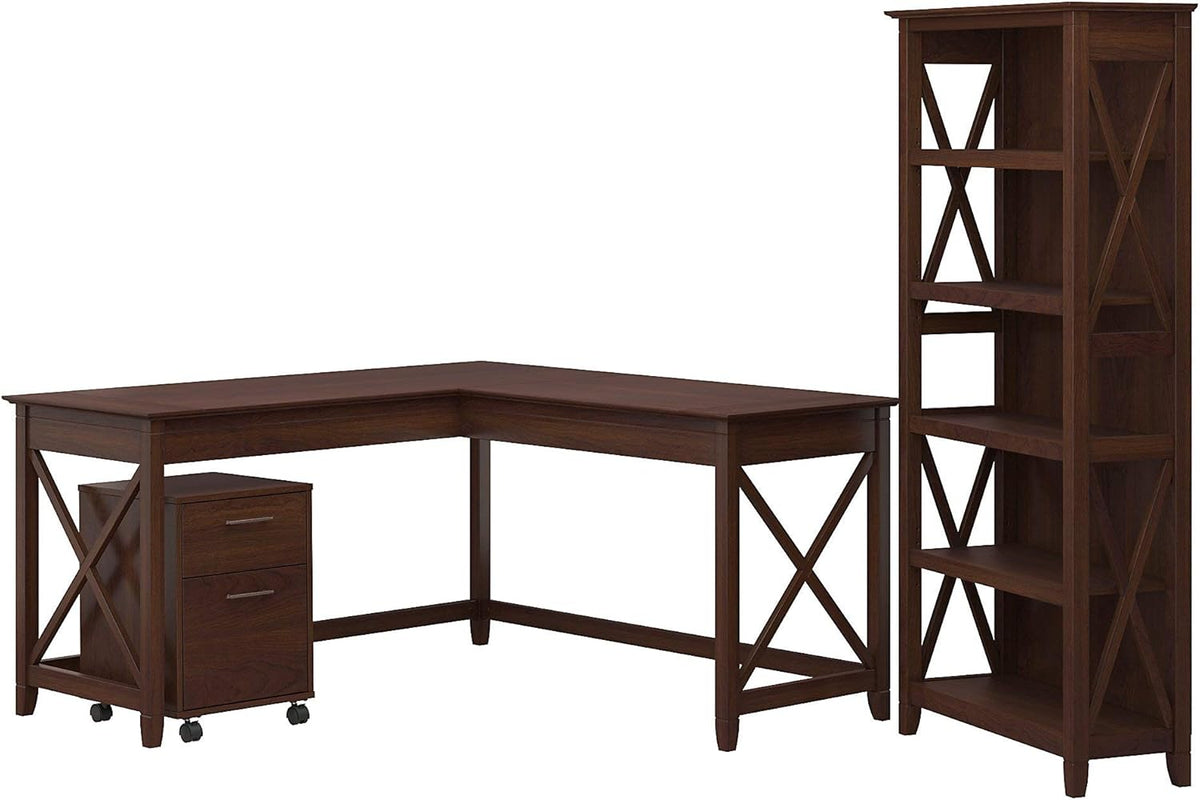L Shaped Desk with Mobile File Cabinet and Bookcase J61470