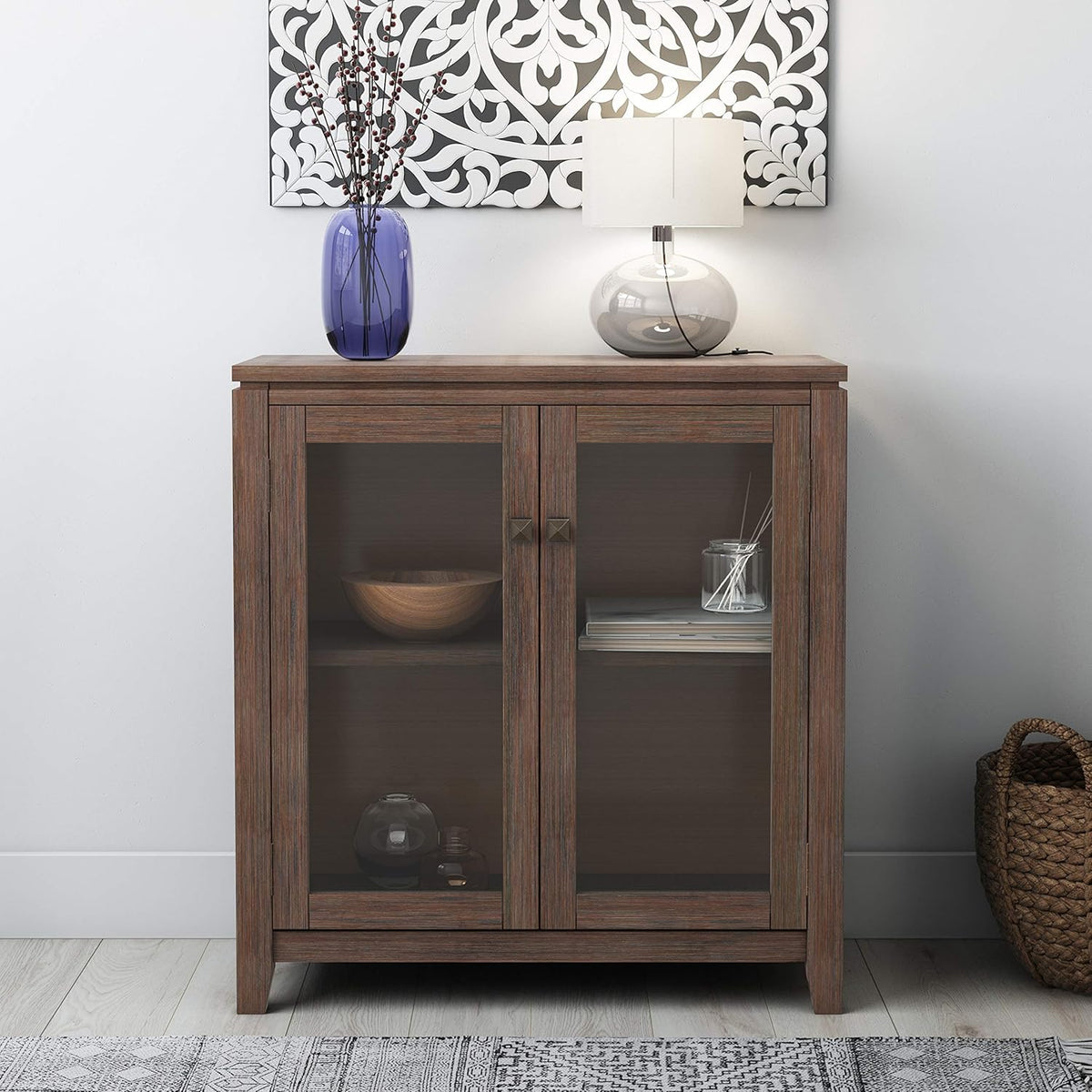 White 30 inch Low Storage Cabinet with 2 Tempered Glass Doors J7283