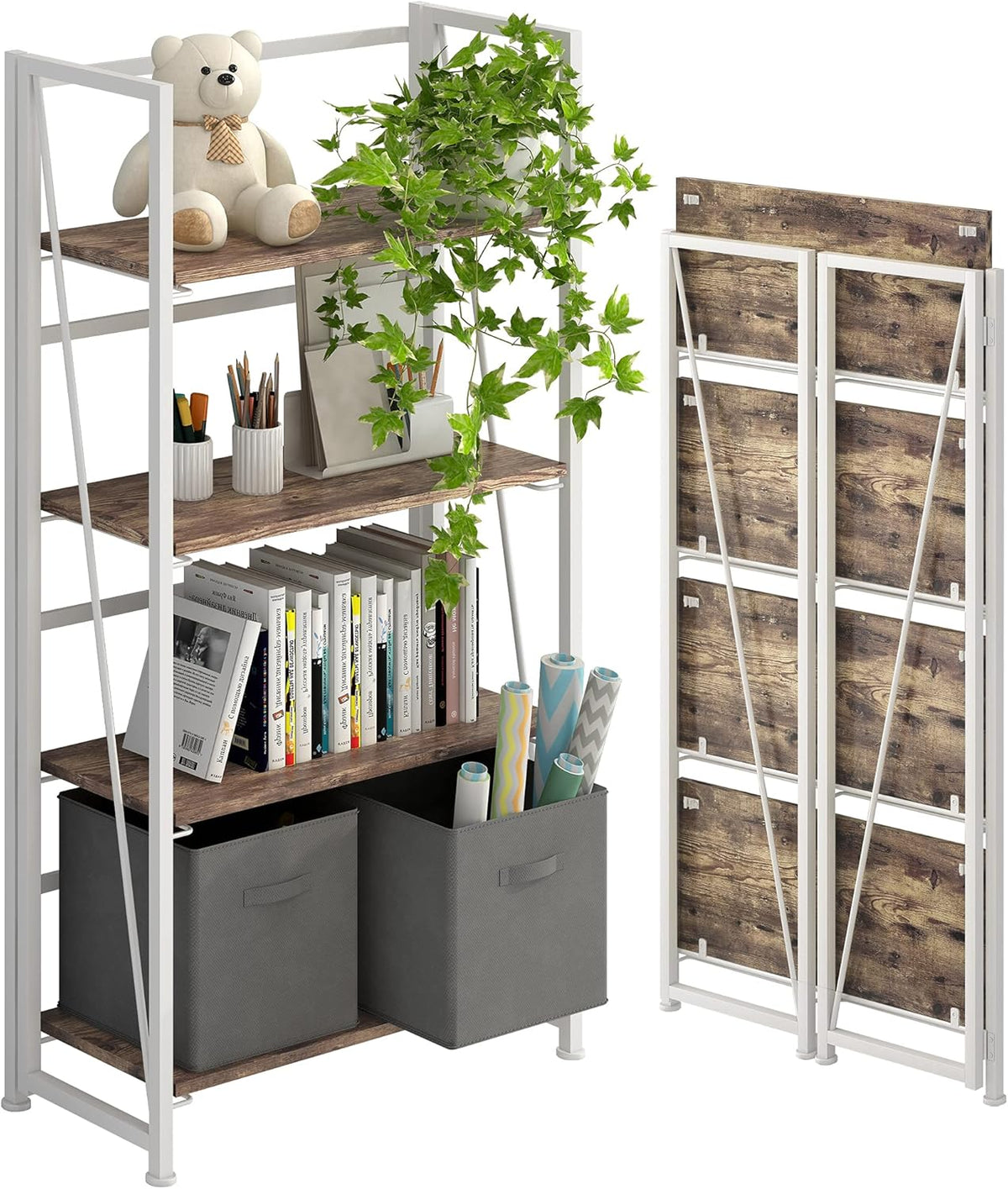 Folding Bookshelf Storage Shelves 5 Tiers with 2 Storage Drawers Brown and Black L4564