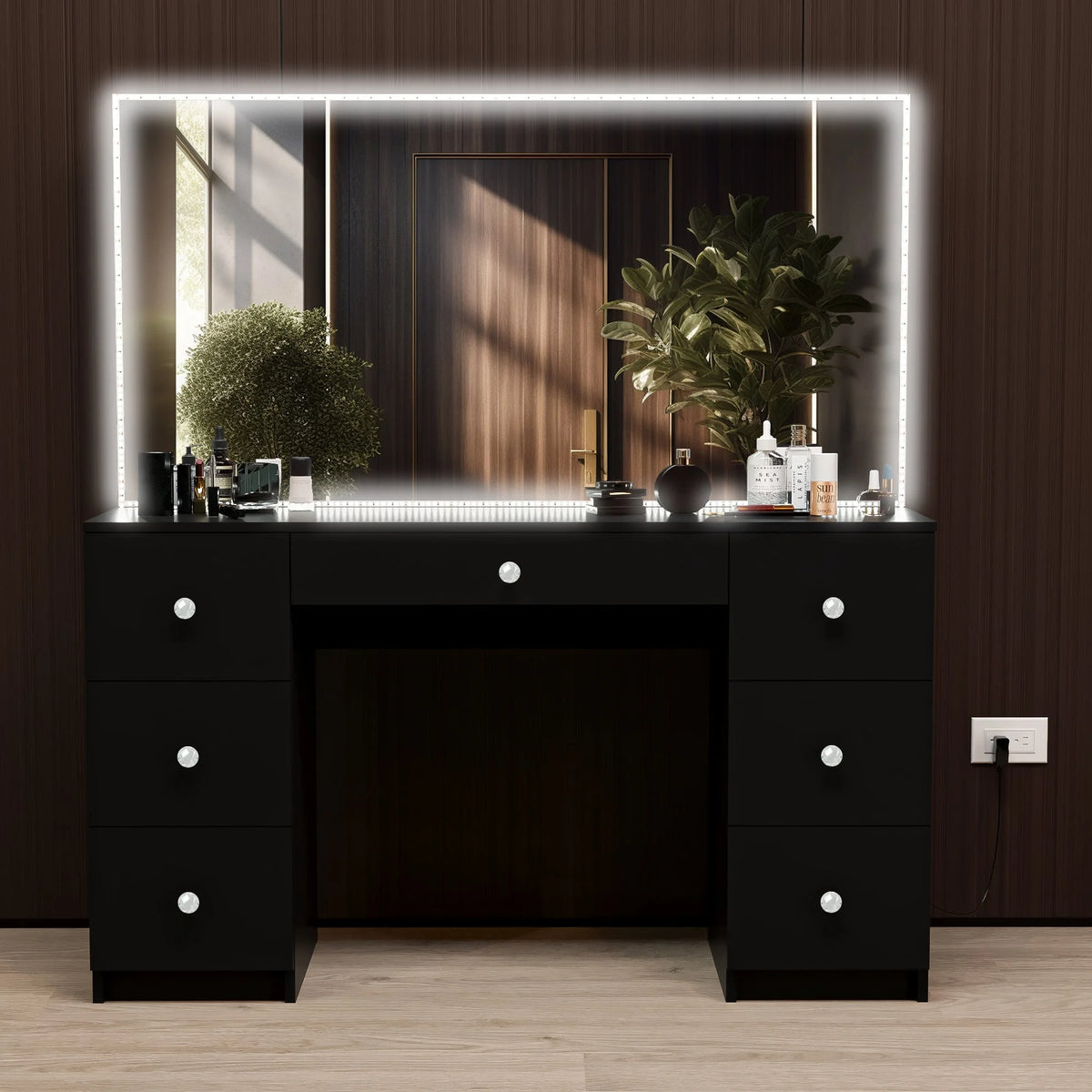 Black Modern Vanity Desk with LED Lights Y323