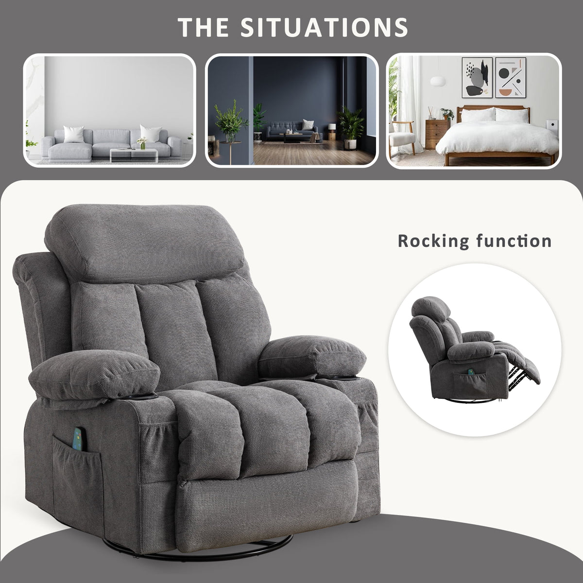 Swinging recliner massage heated sofa with USB and cup holders S22218