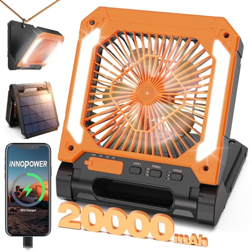 20000mAh Portable Rechargeable Fan with Solar Panel, 3 Speeds, LED Lantern, Timer, USB-C, Green J6936