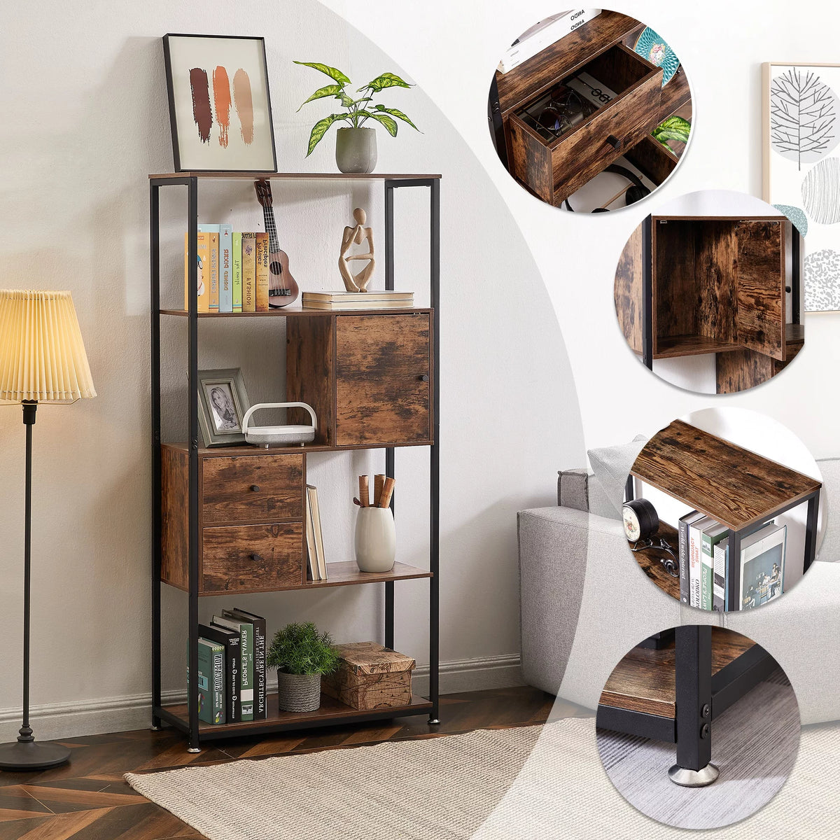 4-Tier Wooden Bookshelf with Drawer N516