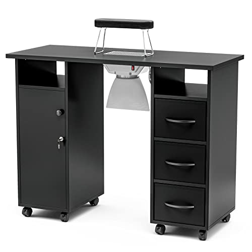 Black Manicure Table with Dust Collector, Wrist Cushion, Drawers, Lockable Wheels & Cabinet P93780