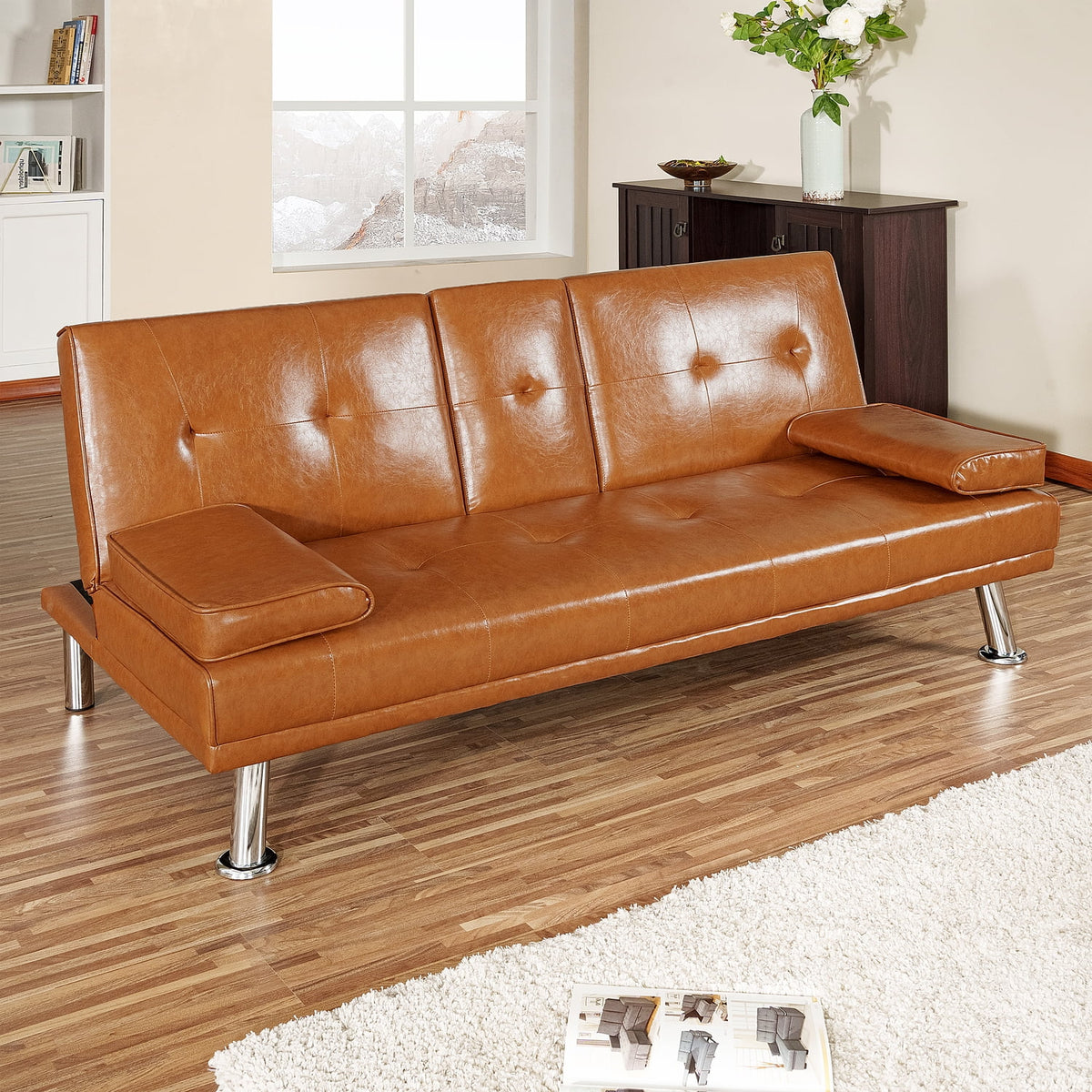 Caramel Futon Sofa with Armrest and Cupholders C17644
