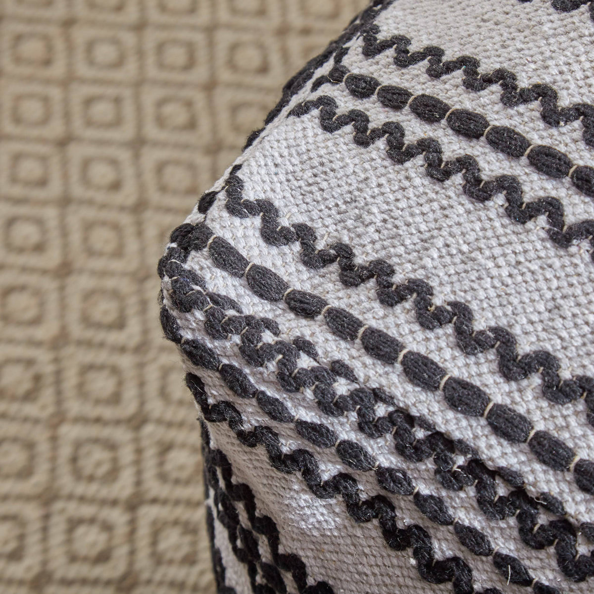 Black and Natural Cotton Square Pouf C649614