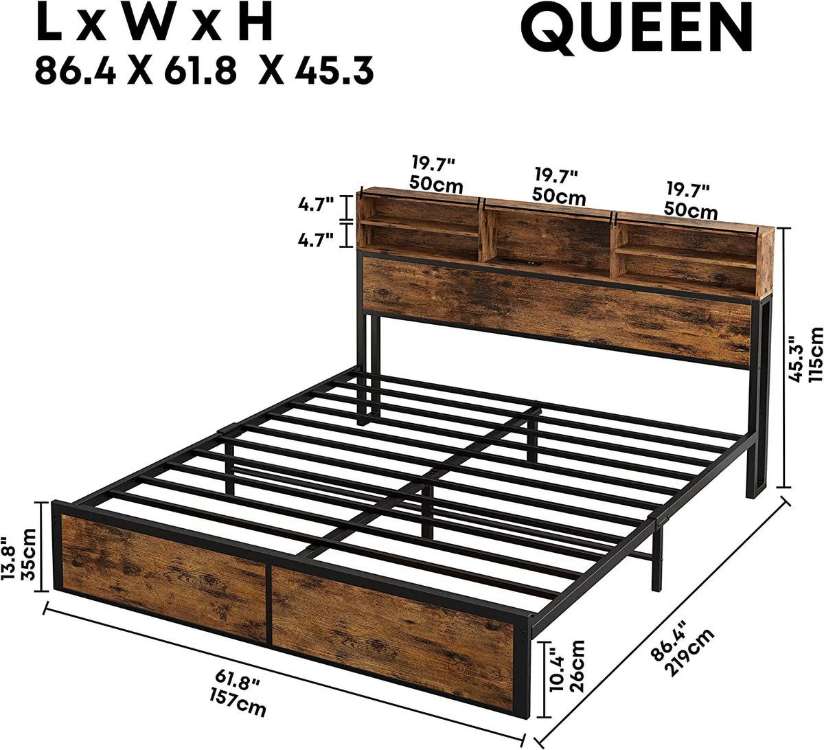 Full Bed Frame with Bookcase Headboard and Charging Station D322656