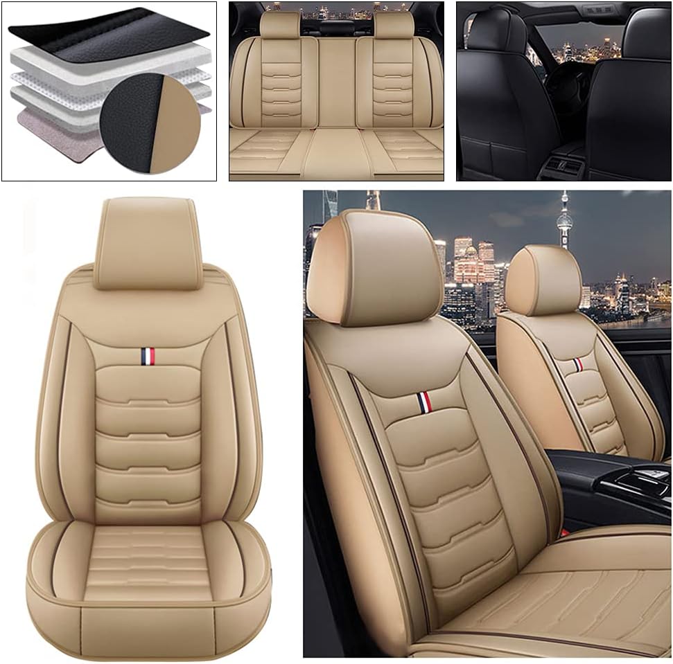 Beige PU Leather Car Seat Covers 5 Seats L4462
