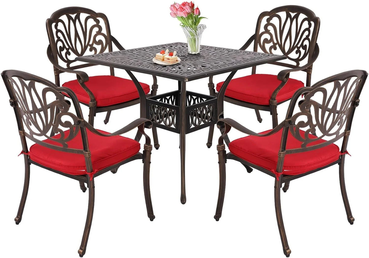 5 Piece Cast Aluminum Patio Dining Set with Red Cushion M211